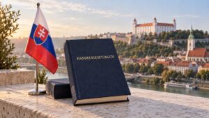 Ein Buch mit der Aufschrift Handelsgesetzbuch, die slowakische Flagge und die Burg Bratislava im Hintergrund.